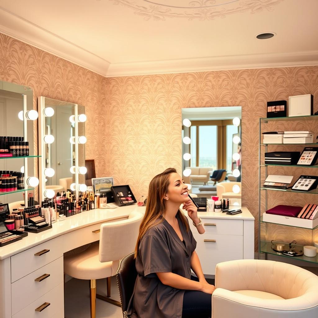 An inviting and chic makeup studio interior featuring a stylish vanity with large mirrors, soft lighting, and a variety of high-end makeup products arranged neatly on the shelves