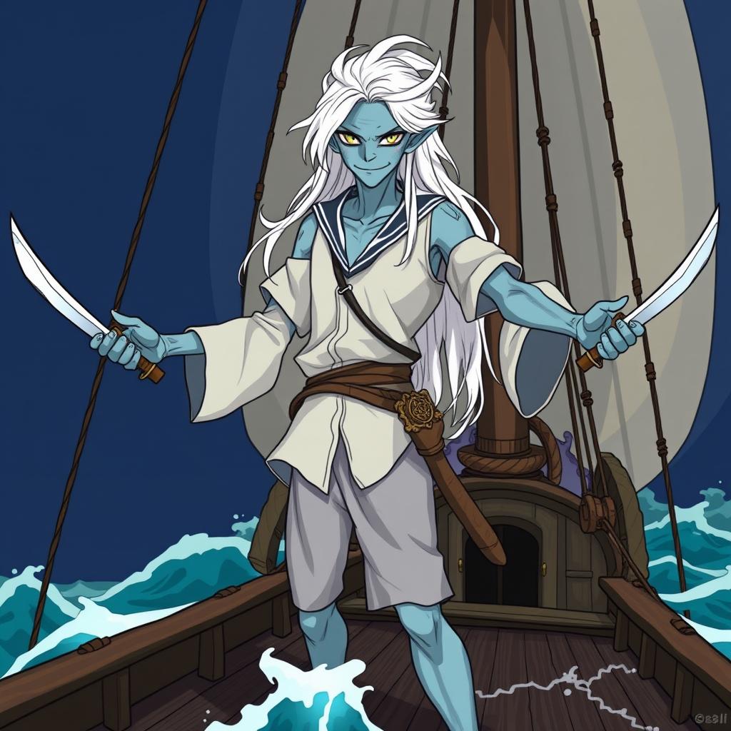 An illustration of a skinny male water genasi with bluish-green skin and long white hair, confidently standing on the deck of a galley