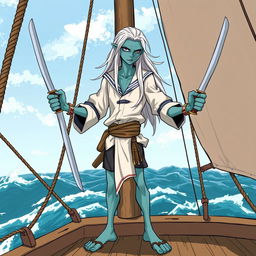 An illustration of a skinny male water genasi with bluish-green skin and long white hair, confidently standing on the deck of a galley