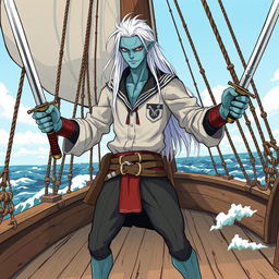 An illustration of a skinny male water genasi with bluish-green skin and long white hair, confidently standing on the deck of a galley