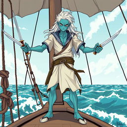 An illustration of a skinny male water genasi with bluish-green skin and long white hair, confidently standing on the deck of a galley