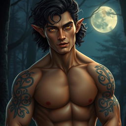A strikingly handsome Fae male with mesmerizing golden eyes that gleam in the moonlight, set against the backdrop of a tranquil nighttime forest