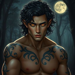A strikingly handsome Fae male with mesmerizing golden eyes that gleam in the moonlight, set against the backdrop of a tranquil nighttime forest
