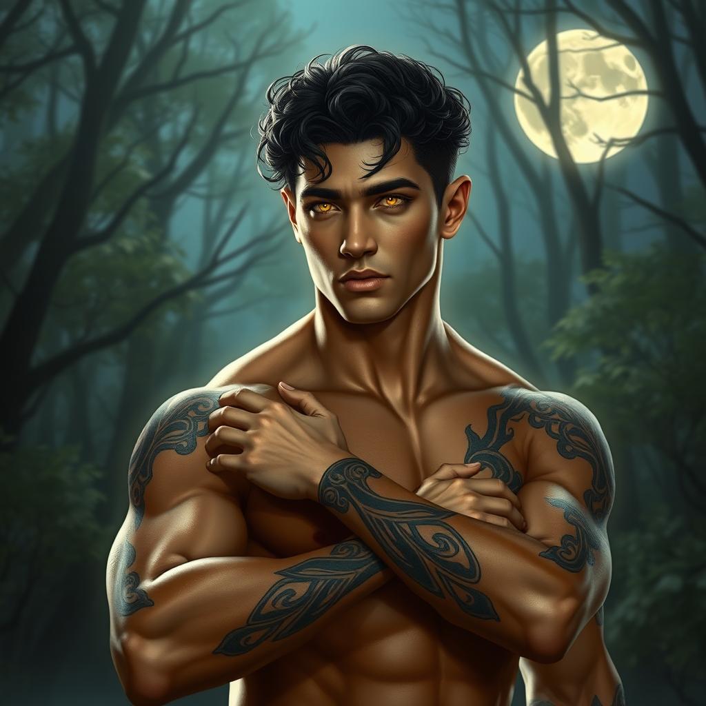 A strikingly handsome Fae male with mesmerizing golden eyes that gleam in the moonlight, set against the backdrop of a tranquil nighttime forest