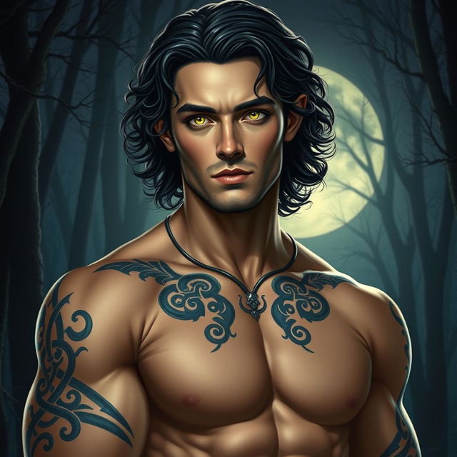 A strikingly handsome Fae male with mesmerizing golden eyes that gleam in the moonlight, set against the backdrop of a tranquil nighttime forest