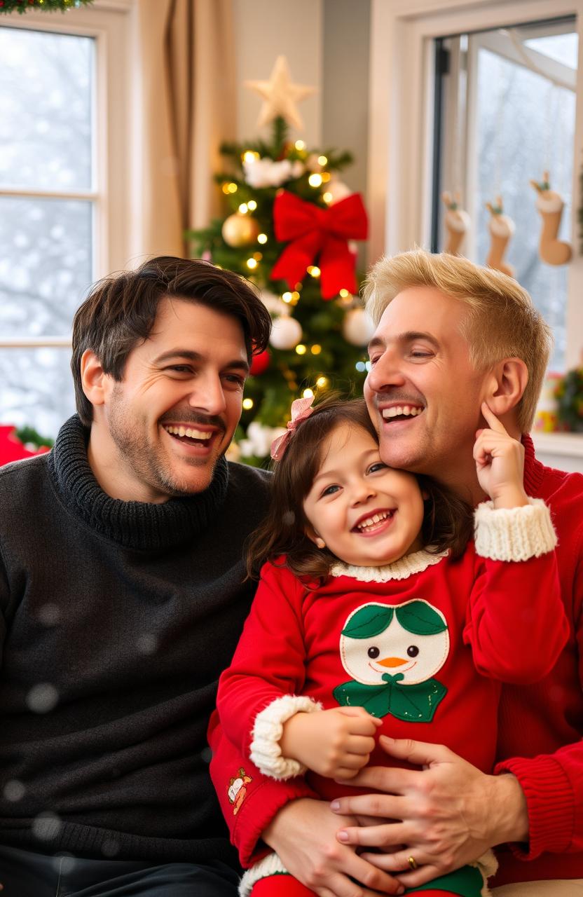 A festive Christmas scene featuring two men in their 30s, one with dark hair and the other with blond hair