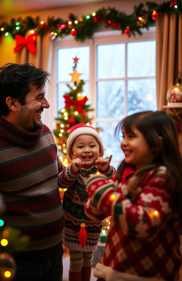 A festive Christmas scene featuring two men in their 30s, one with dark hair and the other with blond hair