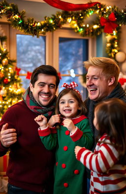 A festive Christmas scene featuring two men in their 30s, one with dark hair and the other with blond hair