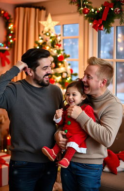 A festive Christmas scene featuring two men in their 30s, one with dark hair and the other with blond hair