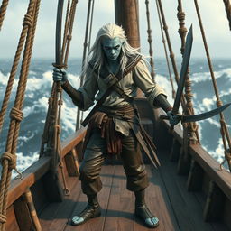 A skinny male water genasi with bluish-green skin and long white hair, clad in a medieval sailor shirt and leather pants