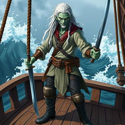 A skinny male water genasi with bluish-green skin and long white hair, clad in a medieval sailor shirt and leather pants