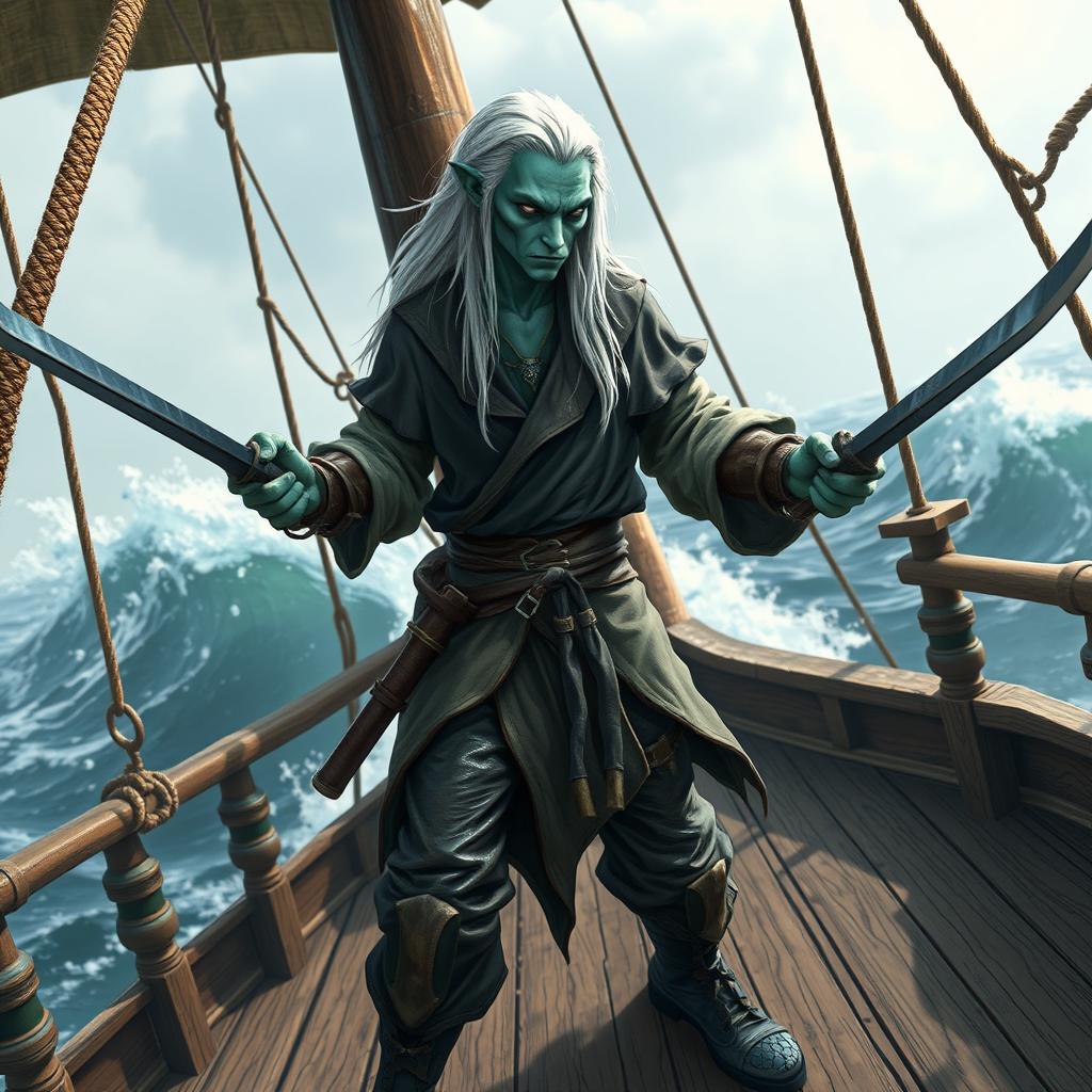 A skinny male water genasi with bluish-green skin and long white hair, clad in a medieval sailor shirt and leather pants