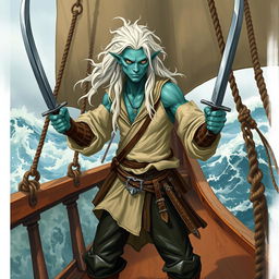 A skinny male water genasi with bluish-green skin and long white hair, clad in a medieval sailor shirt and leather pants