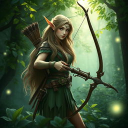 A forest elf ranger standing majestically in a lush green forest, surrounded by vibrant flora and ethereal lighting filtering through the trees