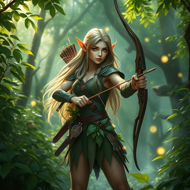 A forest elf ranger standing majestically in a lush green forest, surrounded by vibrant flora and ethereal lighting filtering through the trees