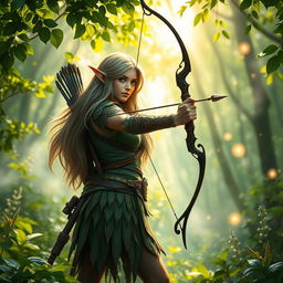 A forest elf ranger standing majestically in a lush green forest, surrounded by vibrant flora and ethereal lighting filtering through the trees