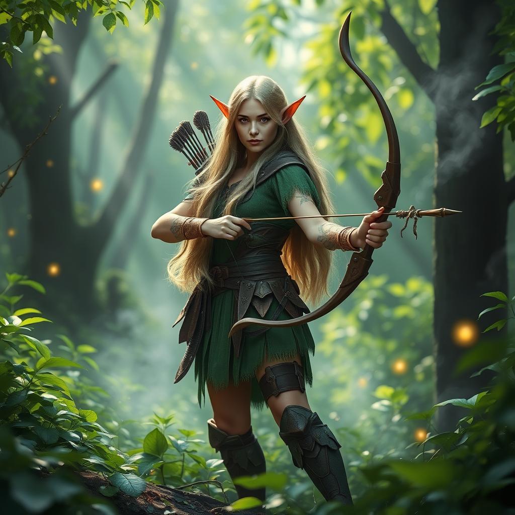 A forest elf ranger standing majestically in a lush green forest, surrounded by vibrant flora and ethereal lighting filtering through the trees