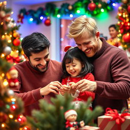 A cheerful Christmas scene featuring two men in their 30s, one with dark hair and the other with blond hair