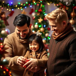 A cheerful Christmas scene featuring two men in their 30s, one with dark hair and the other with blond hair