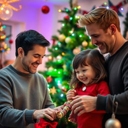 A cheerful Christmas scene featuring two men in their 30s, one with dark hair and the other with blond hair