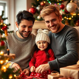 A cheerful Christmas scene featuring two men in their 30s, one with dark hair and the other with blond hair