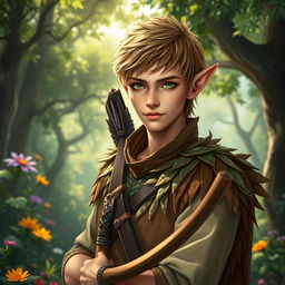 A striking male forest elf ranger with short hair, adorned in nature-inspired clothing made of leaves and earth tones