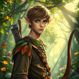 A striking male forest elf ranger with short hair, adorned in nature-inspired clothing made of leaves and earth tones