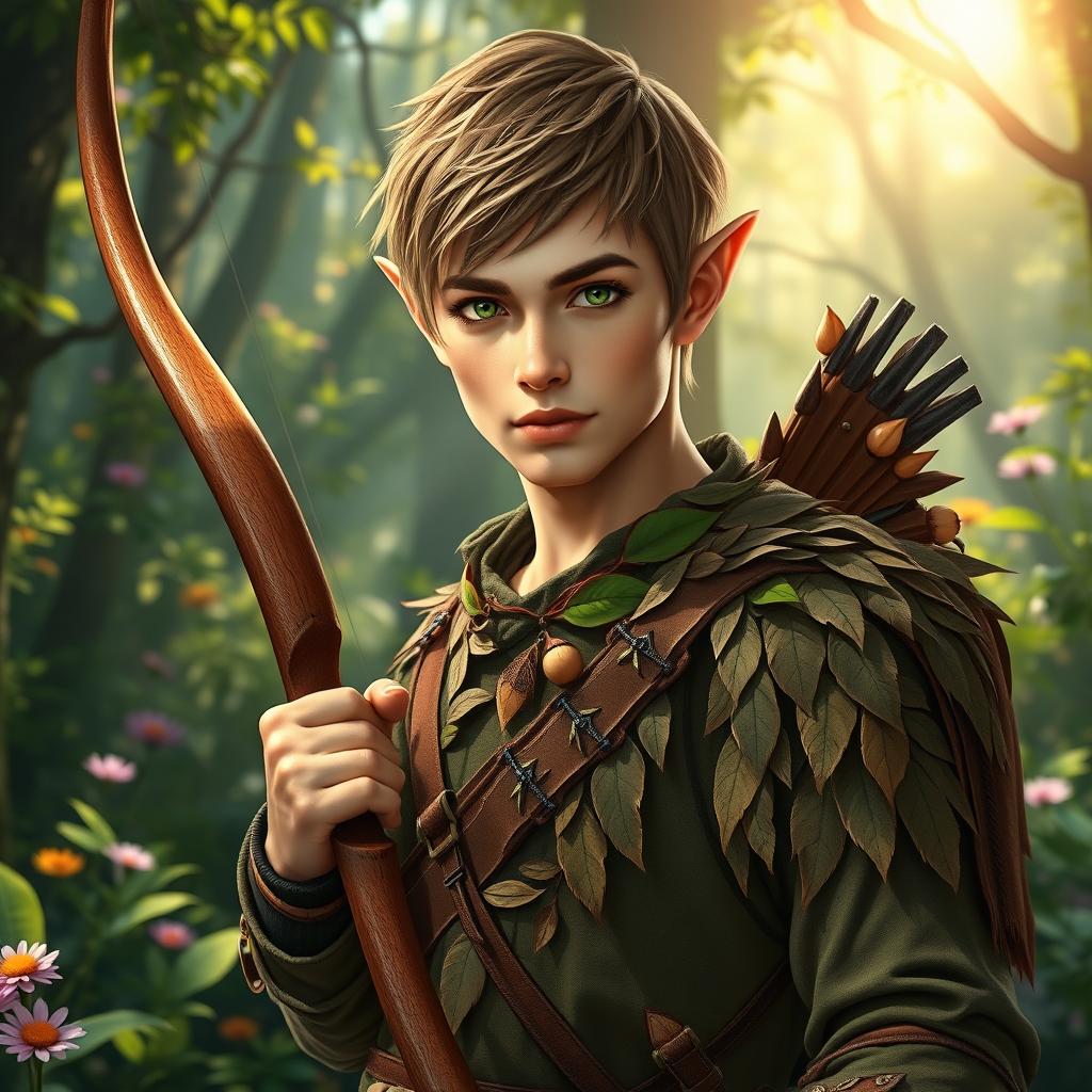 A striking male forest elf ranger with short hair, adorned in nature-inspired clothing made of leaves and earth tones