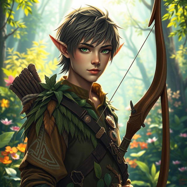 A striking male forest elf ranger with short hair, adorned in nature-inspired clothing made of leaves and earth tones