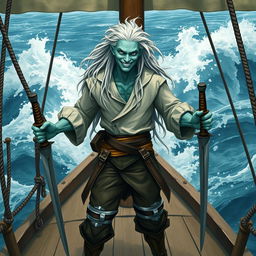 A skinny male water genasi with bluish-green skin and long white hair, sporting a confident smile