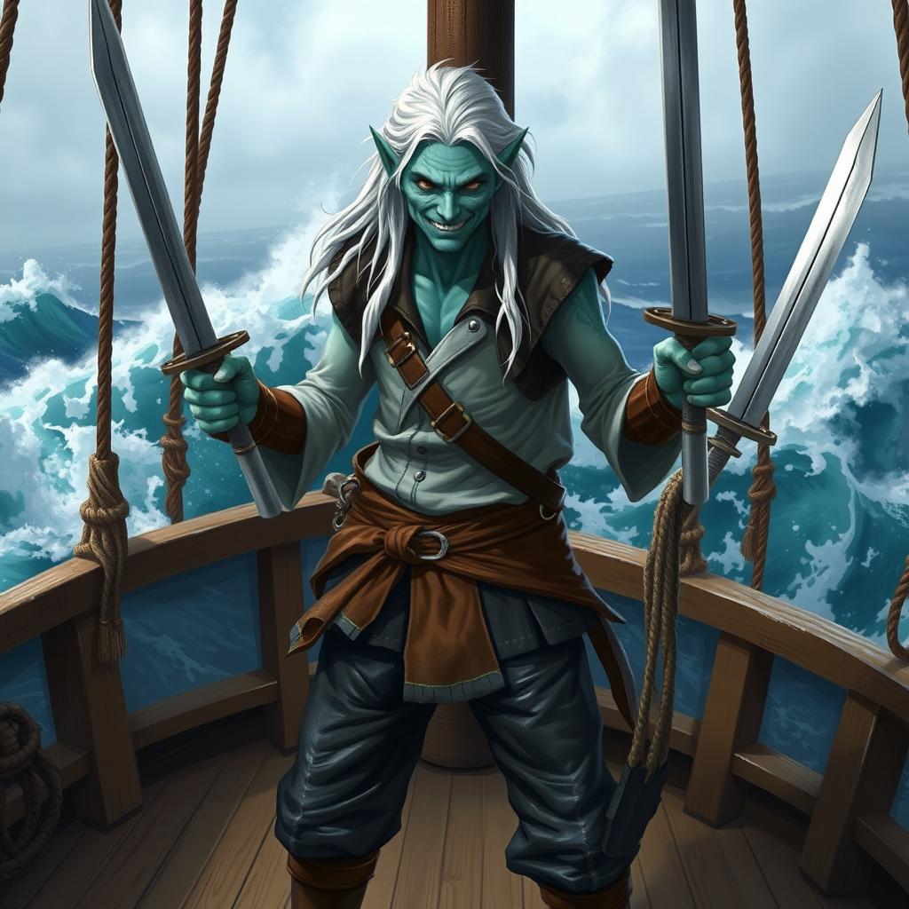 A skinny male water genasi with bluish-green skin and long white hair, sporting a confident smile