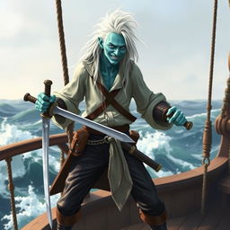 A skinny male water genasi with bluish-green skin and long white hair, sporting a confident smile