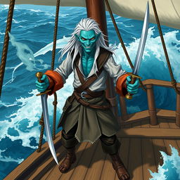 A skinny male water genasi with bluish-green skin and long white hair, sporting a confident smile
