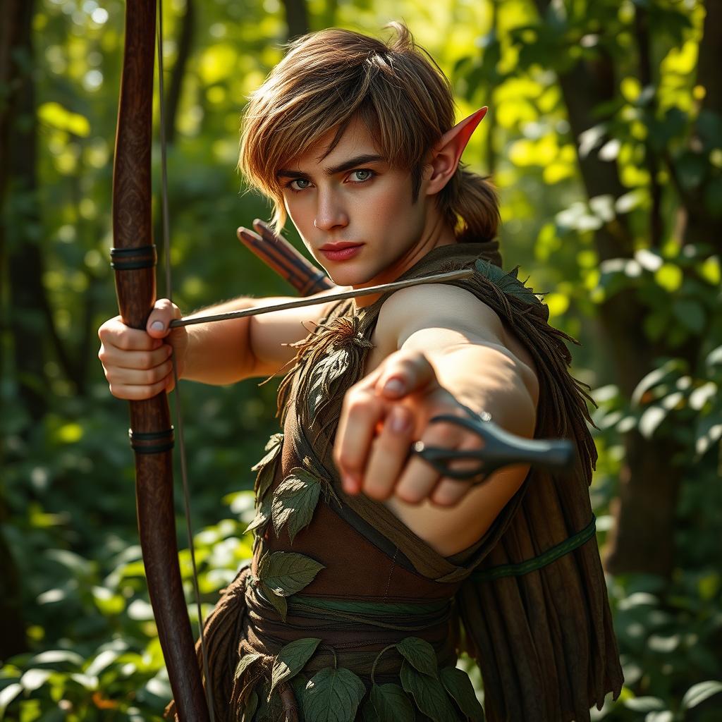 A captivating male forest elf ranger with short hair, dressed in earthy tones inspired by nature