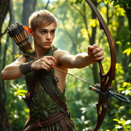 A captivating male forest elf ranger with short hair, dressed in earthy tones inspired by nature