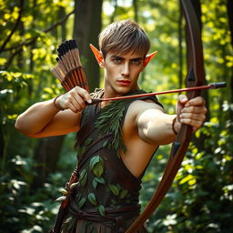 A captivating male forest elf ranger with short hair, dressed in earthy tones inspired by nature