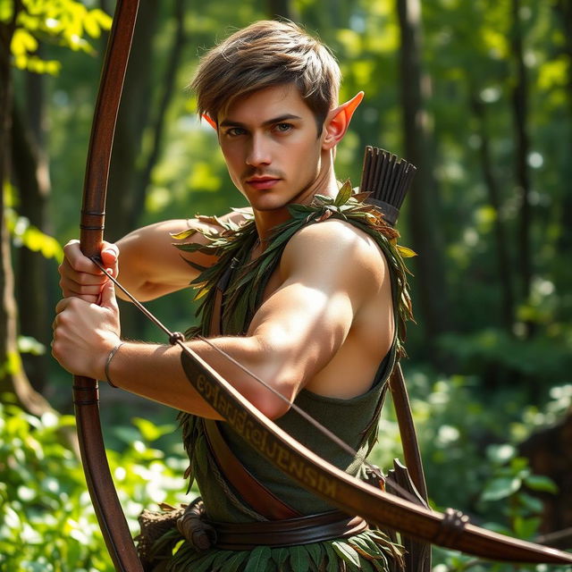 A captivating male forest elf ranger with short hair, dressed in earthy tones inspired by nature