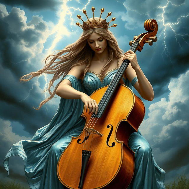 Our Lady Maria, a Greek goddess of thunder, gracefully playing a cello