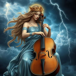 Our Lady Maria, a Greek goddess of thunder, gracefully playing a cello