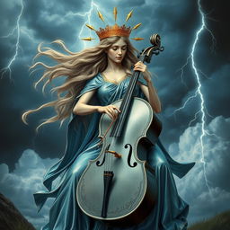 Our Lady Maria, a Greek goddess of thunder, gracefully playing a cello