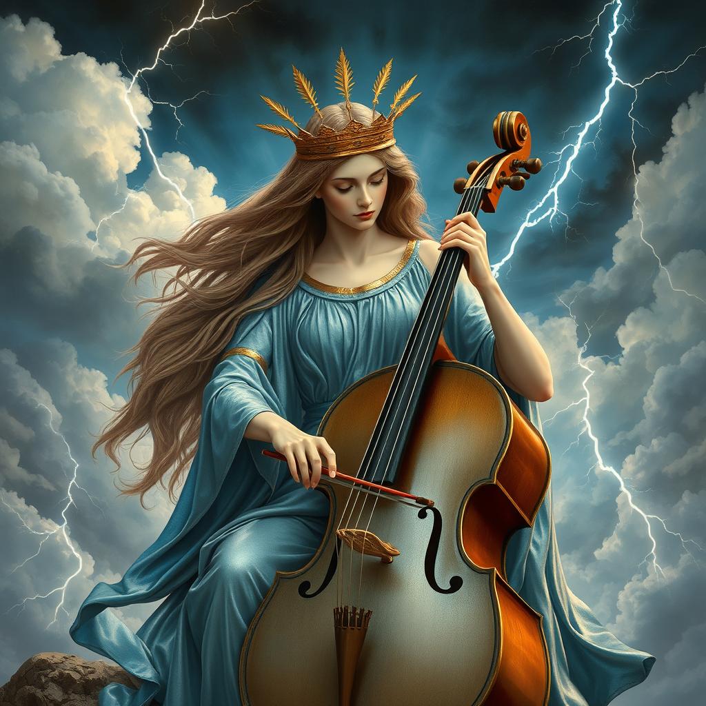 Our Lady Maria, a Greek goddess of thunder, gracefully playing a cello