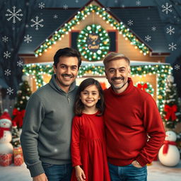 A heartwarming Christmas scene featuring two men in their 30s, one with dark hair and the other with blond hair, standing together in front of a beautifully decorated house showcasing festive Christmas lights and ornaments