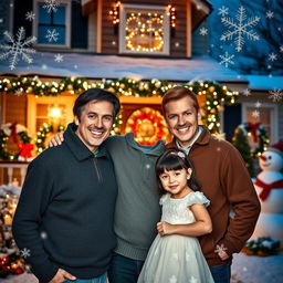 A heartwarming Christmas scene featuring two men in their 30s, one with dark hair and the other with blond hair, standing together in front of a beautifully decorated house showcasing festive Christmas lights and ornaments
