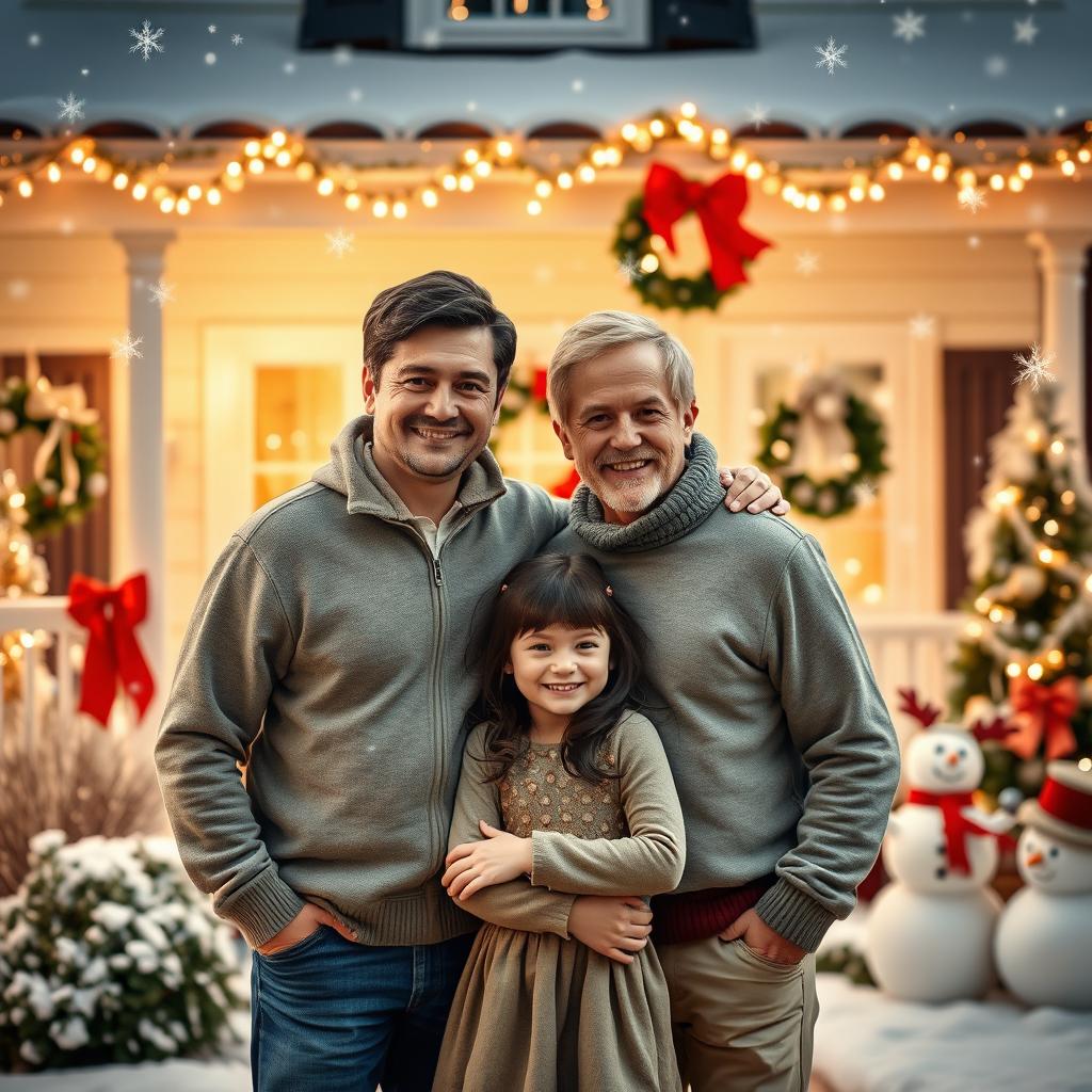 A heartwarming Christmas scene featuring two men in their 30s, one with dark hair and the other with blond hair, standing together in front of a beautifully decorated house showcasing festive Christmas lights and ornaments