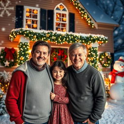 A heartwarming Christmas scene featuring two men in their 30s, one with dark hair and the other with blond hair, standing together in front of a beautifully decorated house showcasing festive Christmas lights and ornaments