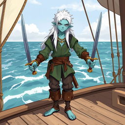 An illustration of a young and kind skinny male water genasi with bluish-green skin and long white hair