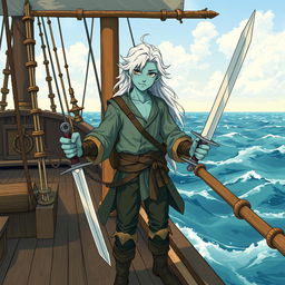 An illustration of a young and kind skinny male water genasi with bluish-green skin and long white hair