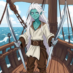 An illustration of a young and kind skinny male water genasi with bluish-green skin and long white hair