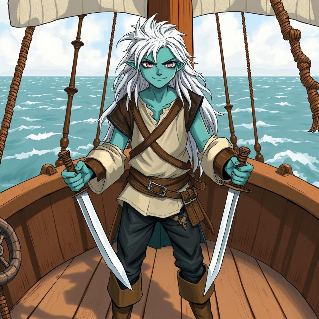 An illustration of a young and kind skinny male water genasi with bluish-green skin and long white hair