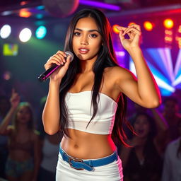 A cute, innocent yet sexy 25-year-old light-skin Polynesian woman with soft and gentle facial features, long black hair, and captivating blue eyes